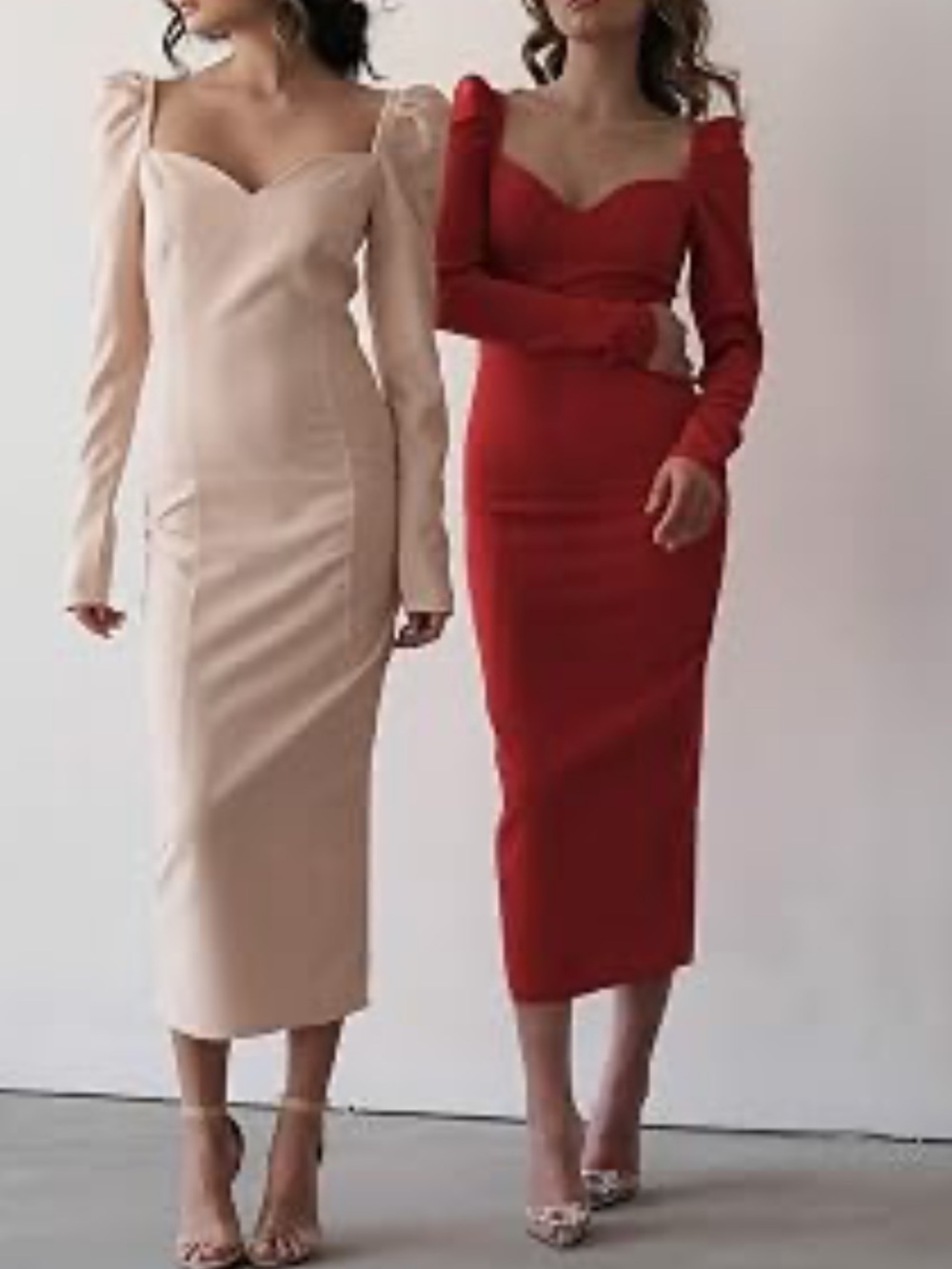 Sweetheart Neckline Midi Dress in Red and Blush — Elegant Bodycon Style